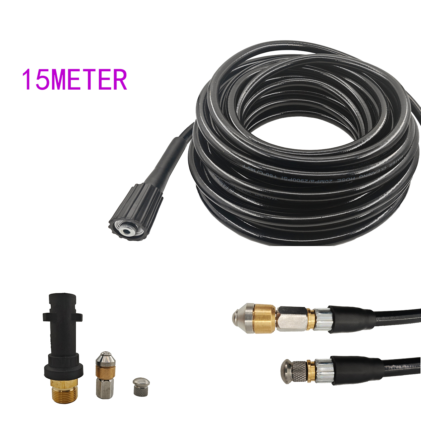 15M Pressure Washer Drain Pipe Sewer Jetter Blockage Hose Cleaning Kit M22 Connector with Jet Nozzle and Rotating Jet Nozzle for Karcher K2-K7 Series